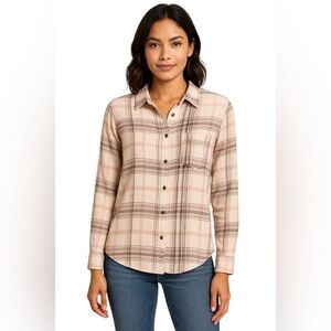 Susina Cream Pink Plaid Button Down Blouse Lightweight Flowy Shirt Size Small